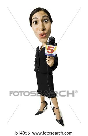 Stock Photography - Caricature of female journalist with microphone. Fotosearch