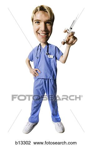 Stock Image - Caricature of man in scrubs with needle. Fotosearch
