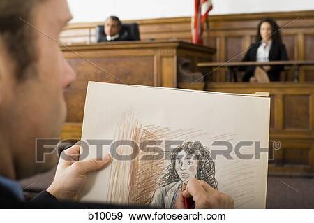 Stock Photo - Close-up of a man drawing a sketch of a witness in a courtroom. Fotosearch