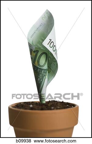 Close-up of a one hundred Euro banknote growing in a flower pot View Large Photo Image Stock Photo - Close-up of a one hundred Euro banknote growing in a flower pot. Fotosearch