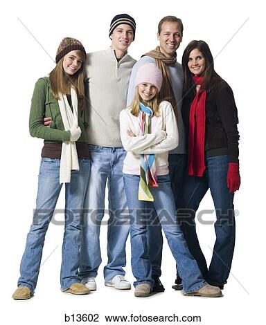 Stock Image - Family portrait with hats and scarves. Fotosearch