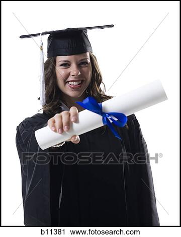 Stock Image - Female student graduate holding diploma. Fotosearch