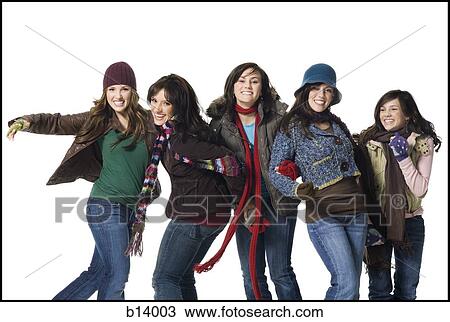 Stock Image - Five women in winter coats. Fotosearch