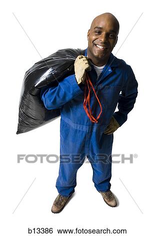 Stock Photograph - Garbage man with garbage bag. Fotosearch