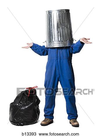 Garbage man with trash can on head View Large Photo Image Stock Image - Garbage man with trash can on head. Fotosearch