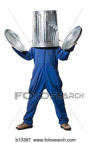 Garbage man with trash can on head View Large Photo Image Stock Photo - Garbage man with trash can on head. Fotosearch