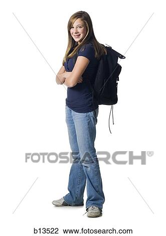 Girl with backpack smiling View Large Photo Image Stock Image - Girl with backpack smiling. Fotosearch