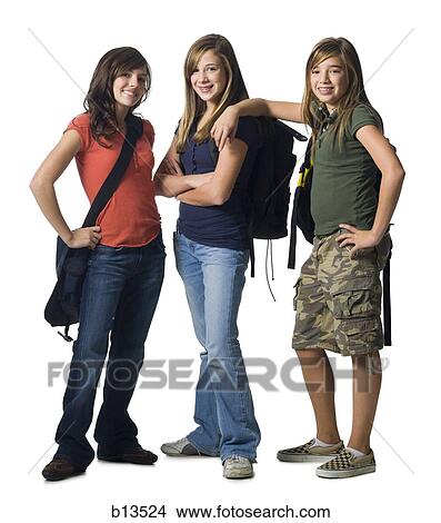 Picture - Girl with schoolbags smiling. Fotosearch