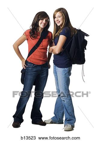 Stock Image - Girls with school bags smiling. Fotosearch
