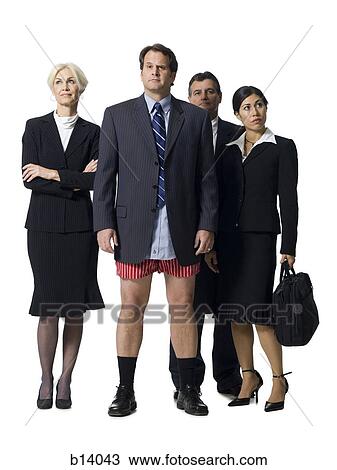 Stock Image - Group of four businesspeople with man in boxers. Fotosearch