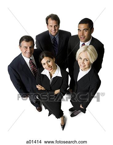 Looking down at five businesspeople smiling View Large Photo Image Picture - Looking down at five businesspeople smiling. Fotosearch