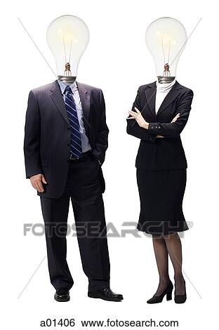 Man and woman in business attire with light bulbs instead of heads View Large Photo Image Stock Photograph - Man and woman in business attire with light bulbs instead of heads. Fotosearch