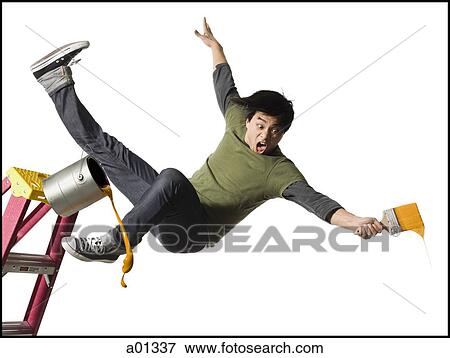 Man falling from ladder with paint brush View Large Photo Image Stock Photo - Man falling from ladder with paint brush. Fotosearch