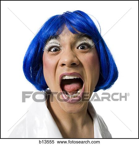 Man with blue wig and makeup yelling View Large Photo Image Stock Photography - Man with blue wig and makeup yelling. Fotosearch