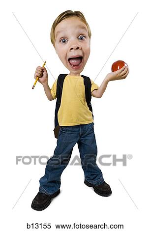 Stock Photography - Photo caricature of boy with apple and pencil. Fotosearch