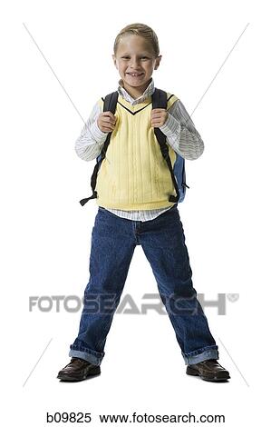 Portrait of a boy smiling and carrying a backpack View Large Photo Image Stock Photography - Portrait of a boy smiling and carrying a backpack. Fotosearch