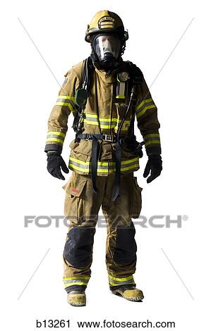 Stock Image - Portrait of a firefighter with mask. Fotosearch