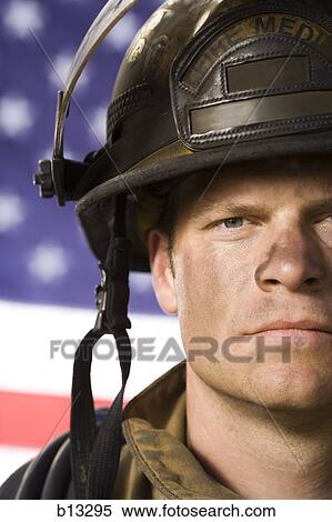 Portrait of a firefighter with US flag View Large Photo Image Stock Photography - Portrait of a firefighter with US flag. Fotosearch