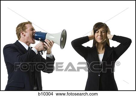 Profile of a businessman shouting into a megaphone with a teenage girl covering her ears View Large Photo Image Picture - Profile of a businessman shouting into a megaphone with a teenage girl covering her ears. Fotosearch