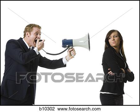 Profile of a businessman shouting into a megaphone with a teenage girl back View Large Photo Image Stock Image - Profile of a businessman shouting into a megaphone with a teenage girl back. Fotosearch