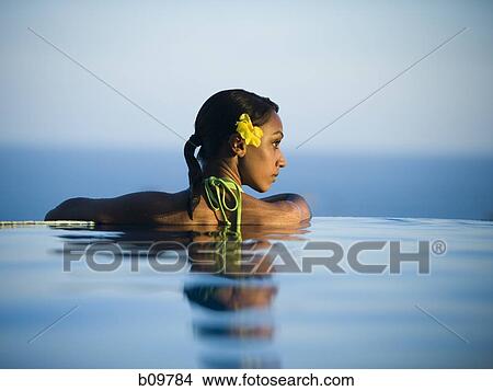 Rear view of a young woman in a swimming pool View Large Photo Image Picture - Rear view of a young woman in a swimming pool. Fotosearch