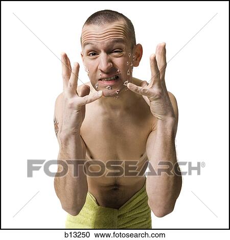 Shirtless man with cuts on face from shaving View Large Photo Image Stock Image - Shirtless man with cuts on face from shaving. Fotosearch