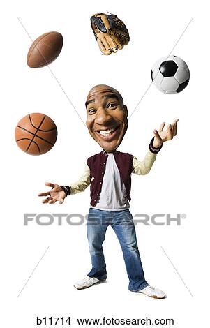 Picture - Sports enthusiast juggling sports equipment. Fotosearch