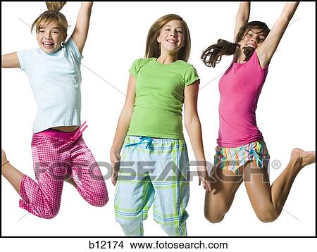Picture - Three girls jumping. Fotosearch