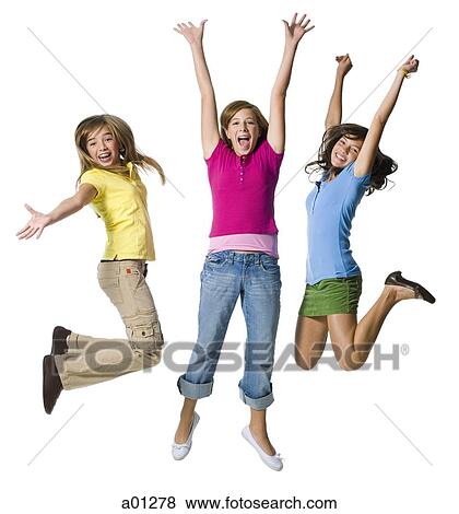 Three girls jumping View Large Photo Image Stock Photo - Three girls jumping. Fotosearch