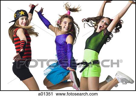 Three girls leaping with costumes View Large Photo Image Stock Image - Three girls leaping with costumes. Fotosearch