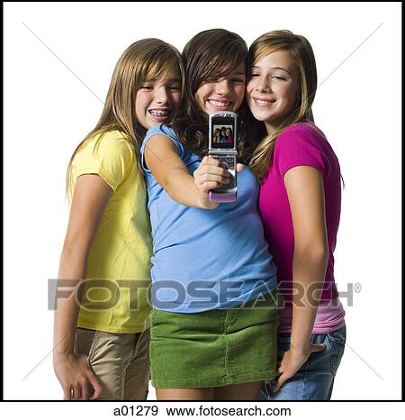 Three girls with camera phone View Large Photo Image Stock Photo - Three girls with camera phone. Fotosearch