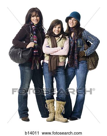 Three women in winter coats smiling View Large Photo Image Stock Image - Three women in winter coats smiling. Fotosearch