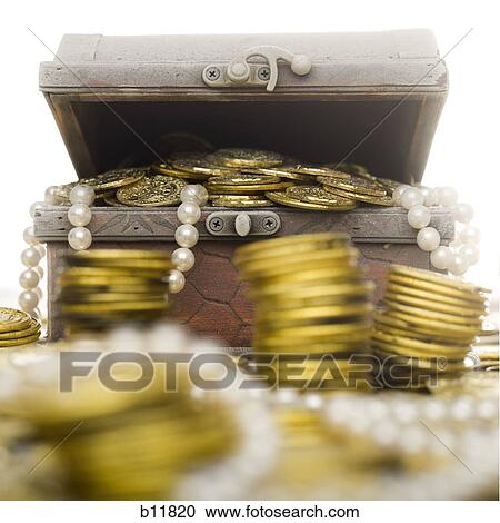 Treasure chest with gold coins and pearls View Large Photo Image Stock Image - Treasure chest with gold coins and pearls. Fotosearch