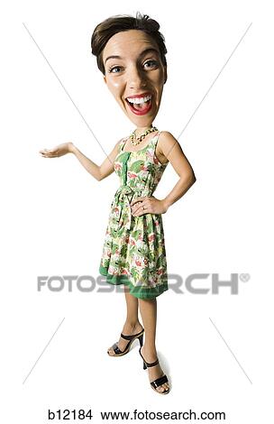 Picture - Woman in floral dress gesturing. Fotosearch