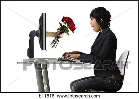 Stock Photograph - Woman receiving roses online. Fotosearch