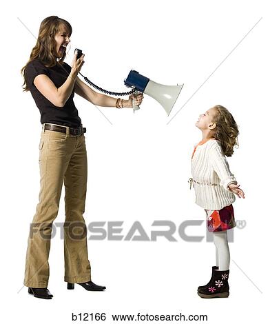 Woman yelling at daughter through megaphone View Large Photo Image Stock Photograph - Woman yelling at daughter through megaphone. Fotosearch