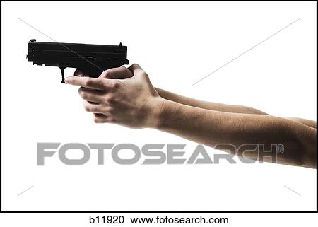 Stock Image - Woman's arms holding a handgun. Fotosearch