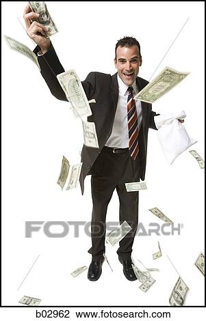 Businessman with flying US banknotes and money bag View Large Photo Image Stock Image - Businessman with flying US banknotes and money bag. Fotosearch