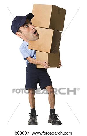 Stock Photo - Caricature of mail delivery man with boxes. Fotosearch