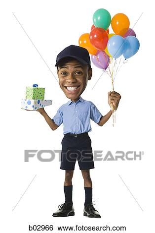 Caricature of man holding presents and balloons View Large Photo Image Stock Photograph - Caricature of man holding presents and balloons. Fotosearch