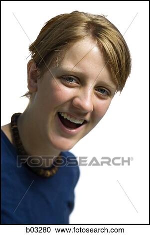 Stock Image - Closeup of woman laughing. Fotosearch
