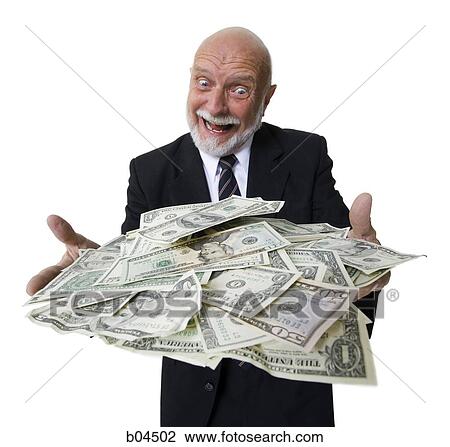 Stock Image - Excited mature man with large sum of money. Fotosearch