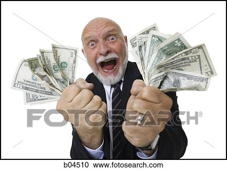 Stock Image - Excited mature man with large sum of money. Fotosearch