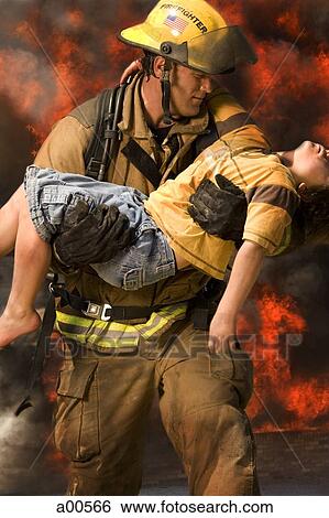 Stock Photograph - Fire fighter rescuing child. Fotosearch