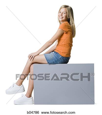 Girl sitting on blank sign View Large Photo Image Stock Photograph - Girl sitting on blank sign. Fotosearch