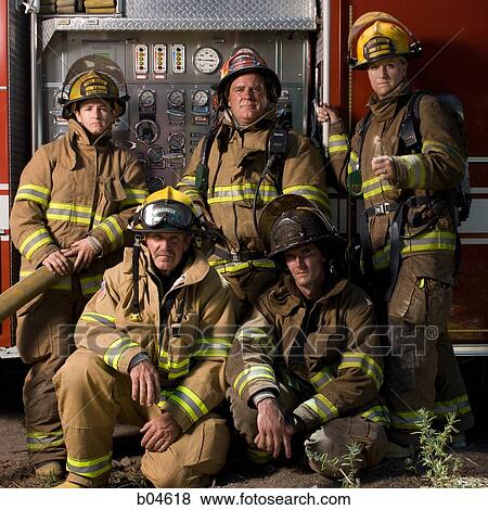Group portrait of firefighters and fire engine View Large Photo Image Stock Photo - Group portrait of firefighters and fire engine. Fotosearch