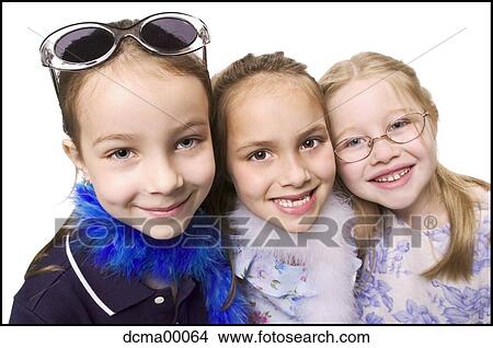 Picture - Portrait of three girls smiling. Fotosearch