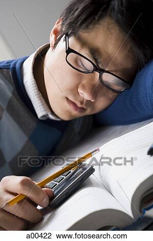Stock Image - Student with pencil and calculator sleeping. Fotosearch
