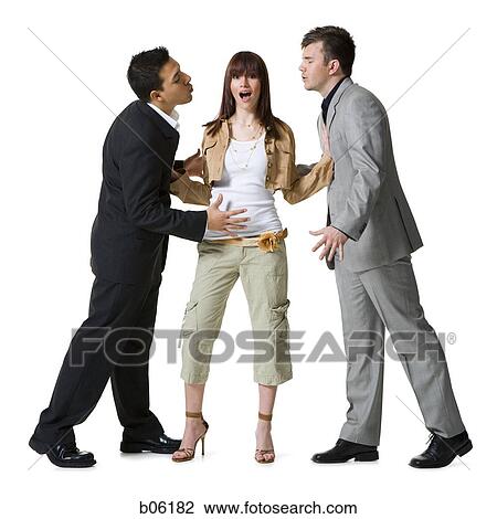 Stock Image - Two men trying to kiss the same woman. Fotosearch