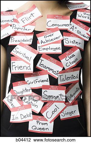 Stock Image - Woman wearing labels. Fotosearch
